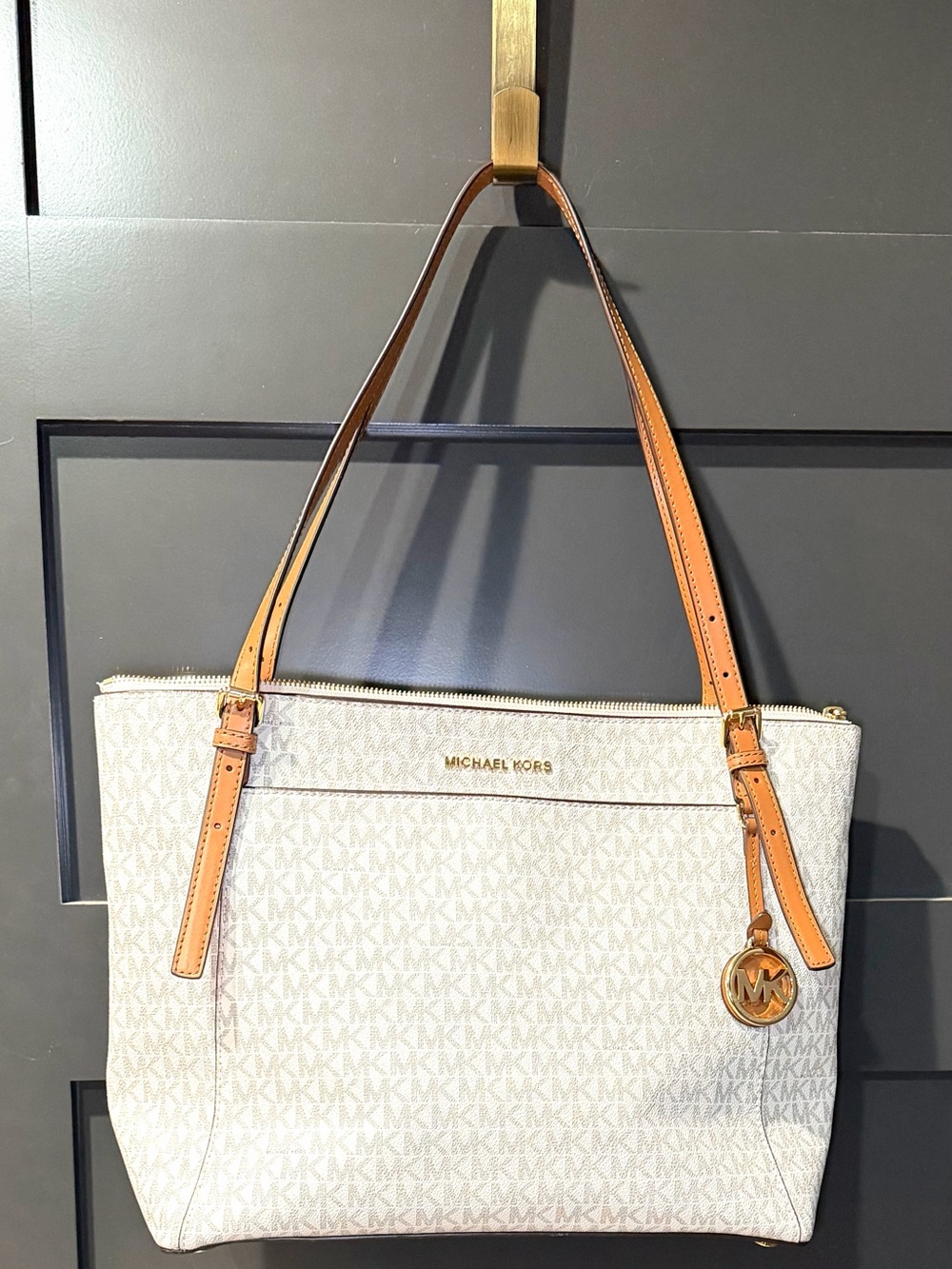 Michael Kors Cream Logo Tote with Tan Leather Straps
